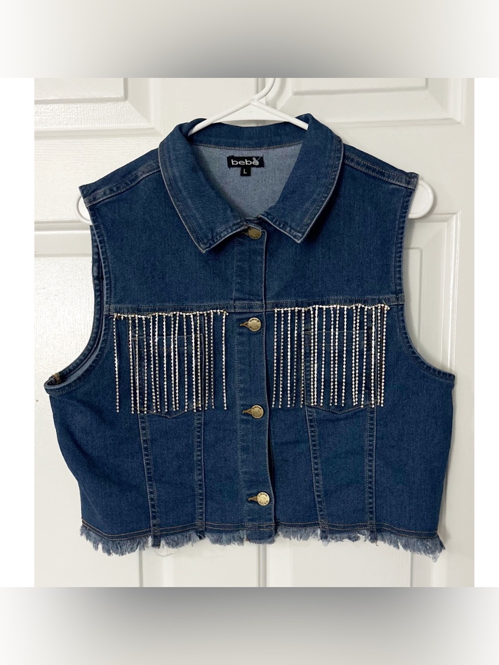 Women's Bebe Blue Denim Cropped Vest     w/Dangling Rhinestones, Sz L,